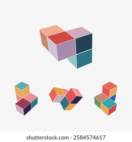 3D colors cube toy bricks icon set