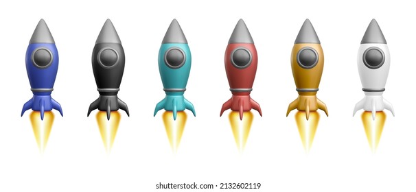 3d colour rocket set. Realistic space ship isolated on a white background. Vector illustration