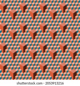 3D Colourful cubes seamless vector pattern. Blue, orange and red urban geometric texture with tiled boxes. Great for fashion, interior design, wallpaper, wrapping paper and web backgrounds.