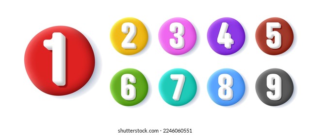 3d colourful number bullet points set 1 to 9 isolated, list items children cartoon graphic