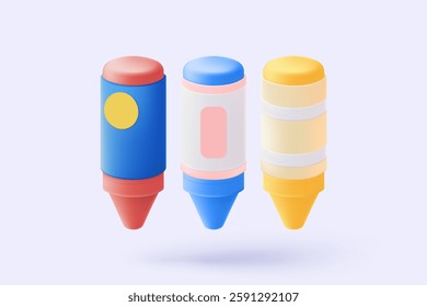 3d colours arrangement of crayons in various shades simplicity icon signs for draw and write in classroom. Education academic back to school. 3d studying stationery icon vector render illustration