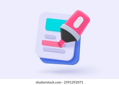 3d colours marker simplicity icon signs for highlight important draw and write in classroom. Education academic back to school. 3d highlight textbook stationery icon vector render illustration