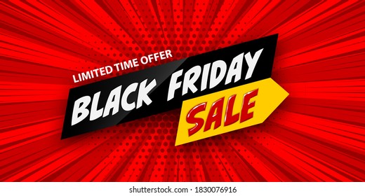 3d comic book cartoon black friday sale banner. Vector layout red banner on halftone radial background. Cartoon explosion Black Friday design.
