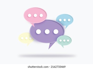 3d Communication concept. The word communicate with pastel dialog speech bubbles. Minimal design concept. Vector illustration