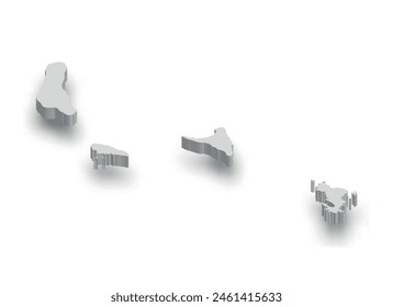 Weiße 3D-Karte der Komoren mit isolierten Regionen auf weißem Hintergrund