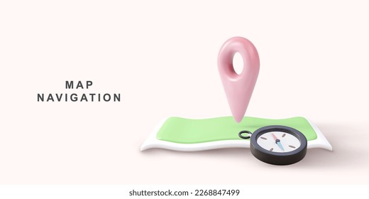 3d compass and map with  pointer. Vector illustration.