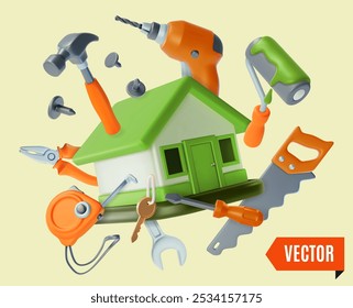 3d Complete Home Fix and Repair Service Concept Background Cartoon Design Style. Vector illustration of House with Construction Elements Floating Around