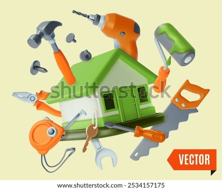 3d Complete Home Fix and Repair Service Concept Background Cartoon Design Style. Vector illustration of House with Construction Elements Floating Around