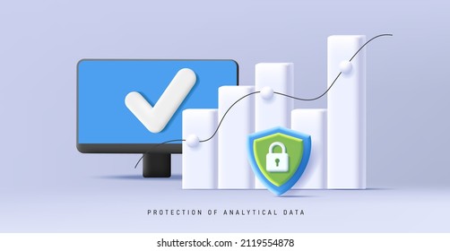 3d Composition With Desktop Computer And White Bar Chart With Security Protection Icon, Business Graphics