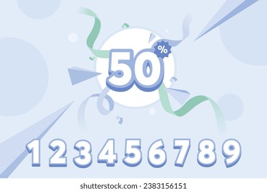 A 3D composition featuring numerical figures, emphasizing a significant 50% discount promotion. It is set against a vibrant blue backdrop adorned with confetti and dynamic vector elements. 3D vector.