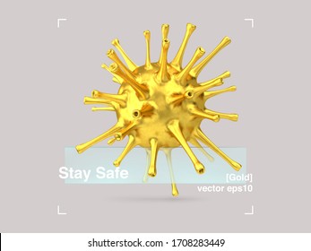 3D Composition of Glass and Gold Virus in a Modern Design Style. COVID-19 Pandemic Stay Safe Banner. Abstract Illustration Design Posters. Vector Eps 10