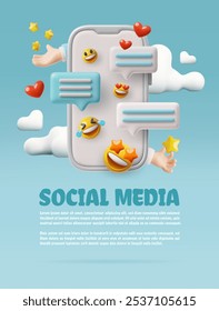 3d composition. Joyful, laughing and loving emoji, heart, star. Messages with text in an application on your phone. Social media. Concept of communication, chat. Vector illustration.