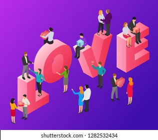 3d composition of loving couples, families or young peoples with big letter love isolated on colorful background in isometric view. Design inspiration for valentines day. Abstract vector illustration.