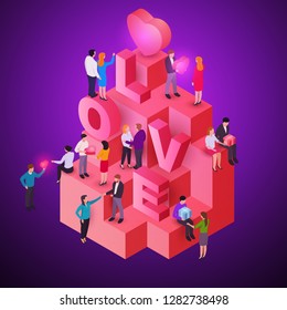 3d composition of loving couples, families or young peoples with big letter love isolated on colorful background in isometric view. Design inspiration for valentines day. Abstract vector illustration.
