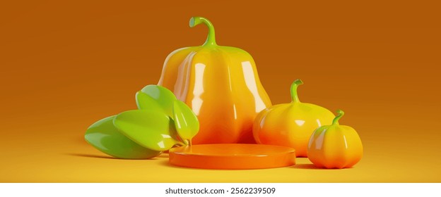 Composición 3D con podio circular naranja rodeado de calabazas amarillas brillantes y hojas verdes brillantes sobre fondo de gradiente cálido. Vector de exhibición de productos de temporada y diseños promocionales de otoño.