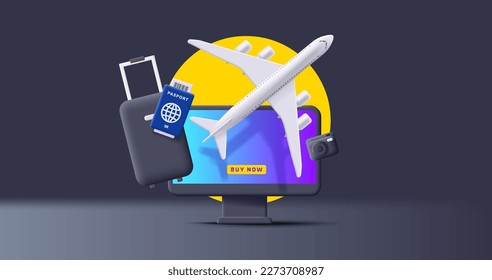 3D-Komposition mit Reisekoffer, Flugzeug und Reisepass, Online-Ticketbuchungsdienst, Darstellung