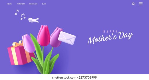 3d composition with tulip bouquet with envelope and bird singing, mothers day greeting web banner