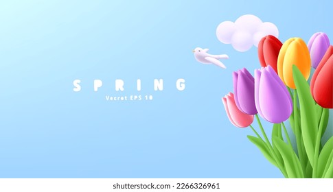 3d composition with tulip bouquet on sky background with cloud and dove bird, spring banner, mothers day greeting
