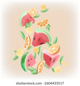 3D composition of watermelon, orange, banana and mint pieces. Vector cartoon stylized illustration.