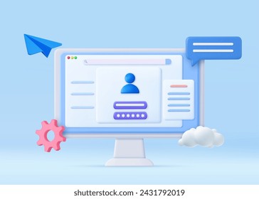 3d Computadora y cuenta de inicio de sesión y contraseña de la página de formulario en pantalla. Iniciar sesión en la cuenta, autorización de usuario, autenticación de inicio de sesión concepto de página. Nombre de usuario, campos de contraseña. renderizado 3d. Ilustración de vector