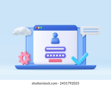 3d Computer and account login and password form page on screen. Sign in to account, user authorization, login authentication page concept. Username, password fields. 3d rendering. Vector illustration