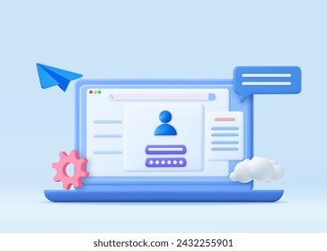 3d Computadora y cuenta de inicio de sesión y contraseña de la página de formulario en pantalla. Iniciar sesión en la cuenta, autorización de usuario, autenticación de inicio de sesión concepto de página. Nombre de usuario, campos de contraseña. renderizado 3d. Ilustración de vector