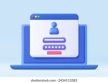 3d Computer and account login and password form page on screen. Sign in to account, user authorization, login authentication page concept. Username, password fields. 3d rendering. Vector illustration