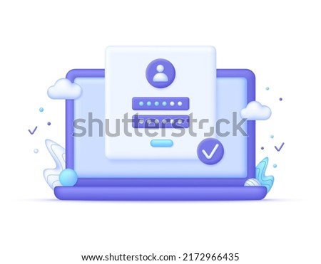3D Computer and account login and password form page on screen. User authorization, sign in to account, authentication page. Can be used for many purposes. Trendy and modern vector in 3d style.
