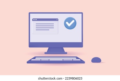 3D Computer and check mark icon. Approved icon. File, checklist, document, form, plan. Document agreeing and signing offer