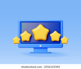 3D computer with customer feedback isolated. Reviews gold star in PC realistic render. Testimonials, rating, feedback, survey, quality and review. Achievements or goal. Vector illustration