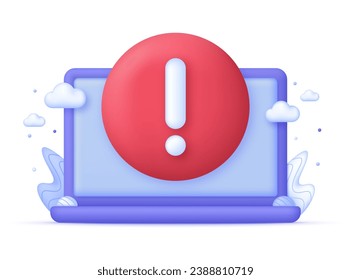 3D Computer error message. Error 404 page not found. Exclamation mark. Page not found text. Trendy and modern vector in 3d style.