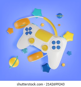 3d Computer Game and Gamepad Concept Cartoon Style with Headphones and Color Decor Elements. Vector illustration