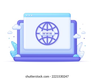 Icono de hipervínculo 3D Computer y Globe. Buscar signo WWW. Tecnología de alojamiento web. Página web de búsqueda del navegador. Vector moderno y de moda en estilo 3d.