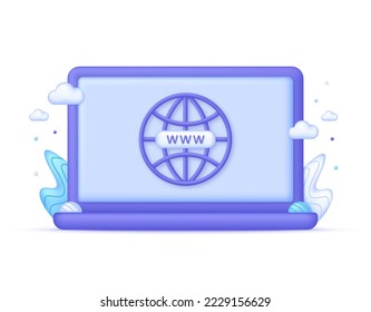 3D Computer and Globe hyperlink icon. Search WWW sign. Web hosting technology. Browser search website page. Trendy and modern vector in 3d style.