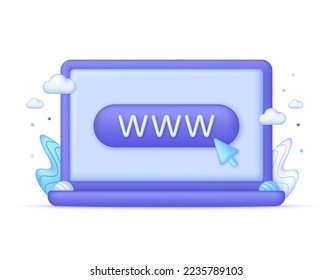 3D Computer and Globe hyperlink icon. Search WWW sign. Web hosting technology. Browser search website page. Trendy and modern vector in 3d style.