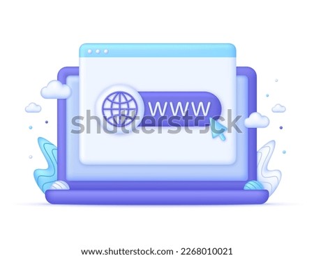 3D Computer and Globe hyperlink icon. Search WWW sign. Web hosting technology. Browser search website page. Trendy and modern vector in 3d style.