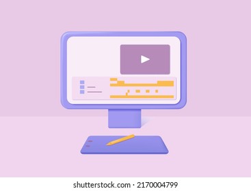 3D computer with graphics tablet for designers, editors. Video editing, designer's work. Vector illustration