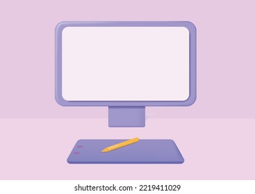 3D computer with graphics tablet for designers, editors. Video editing, designer's work. Vector illustration