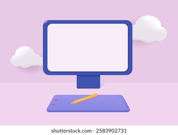 3D computer with graphics tablet for designers, editors. Video editing, designer's work. Vector illustration