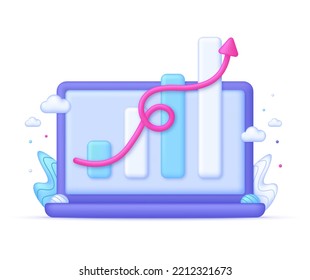 3D Computer and Growing bar graph illustration. Arrow show success of business strategy. Making goals and goal achievement, growth business success. Investment and financial growth concept.