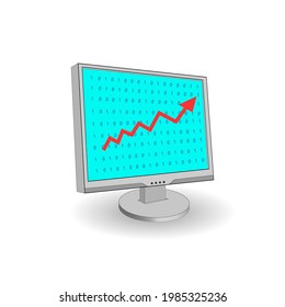 3D Computer and growth graph on monitor. A computer. Growth graph with an arrow.