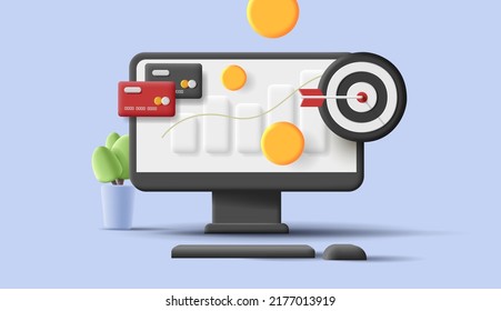 Icono de computadora con atributos de negocio, tarjeta de crédito, público objetivo y monedas de dinero. Ilustración del vector