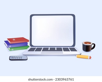 3D Computer laptop with blank empty screen for copy space text on working desk table or workplace vector illustration cartoon, pc with empty display work place office modern design 3D render