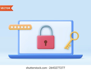 3d computer laptop screen with lock. Personal data security. 3D rendering. Vector illustration