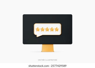 3D Computer monitor with bubble five star rating. Online feedback and positive review. Five gold star rate on screen. Cartoon realistic design icon isolated on white background. 3D Vector illustration