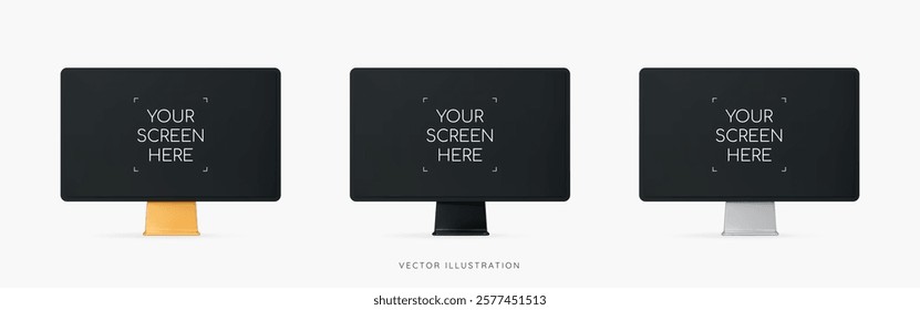 3D Computer monitor mockup with frame for your design. Device screen with empty display. Blank template. Cartoon realistic design icon set isolated on white background. 3D Vector illustration