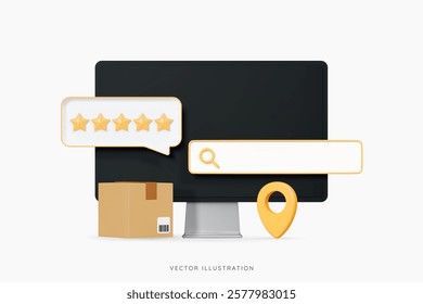 3D Computer monitor with online marketplace. Track order or parcel. Fast delivery concept. Search bar, location pin and cardboard box. Cartoon design icon isolated on white. 3D Vector illustration