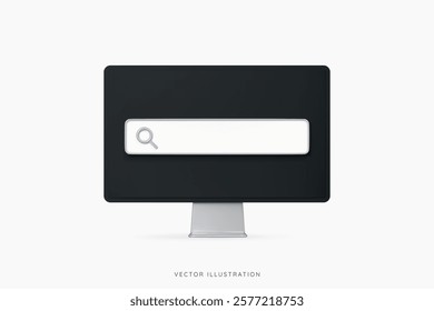 3D Computer monitor with search bar template for website. Find information in internet browser. Realistic computer screen. Creative design icon isolated on white background. 3D Vector illustration