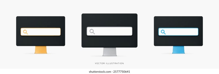 3D Computer monitor with search bar template for website. Find information in internet browser. Realistic computer screen. Creative design icon set isolated on white background. 3D Vector illustration