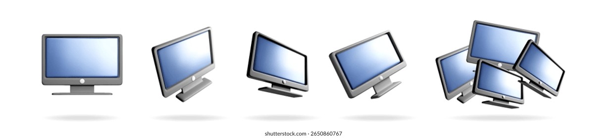 3d computer monitor set in various positions on white background. Digital display for technology and internet concept.